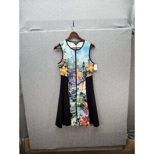 Just Love Sleeveless A-Line Dress With Cityscape & Floral Print Size L